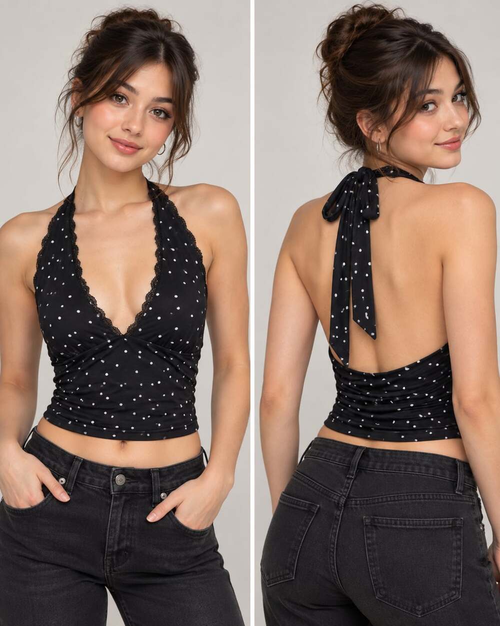 Pink Rose Black and White Polka Dot Halter Crop Top with Lace Trim